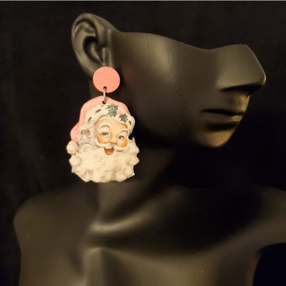 Pink Vintage-look Santa Christmas Earrings - Picture 1 of 5